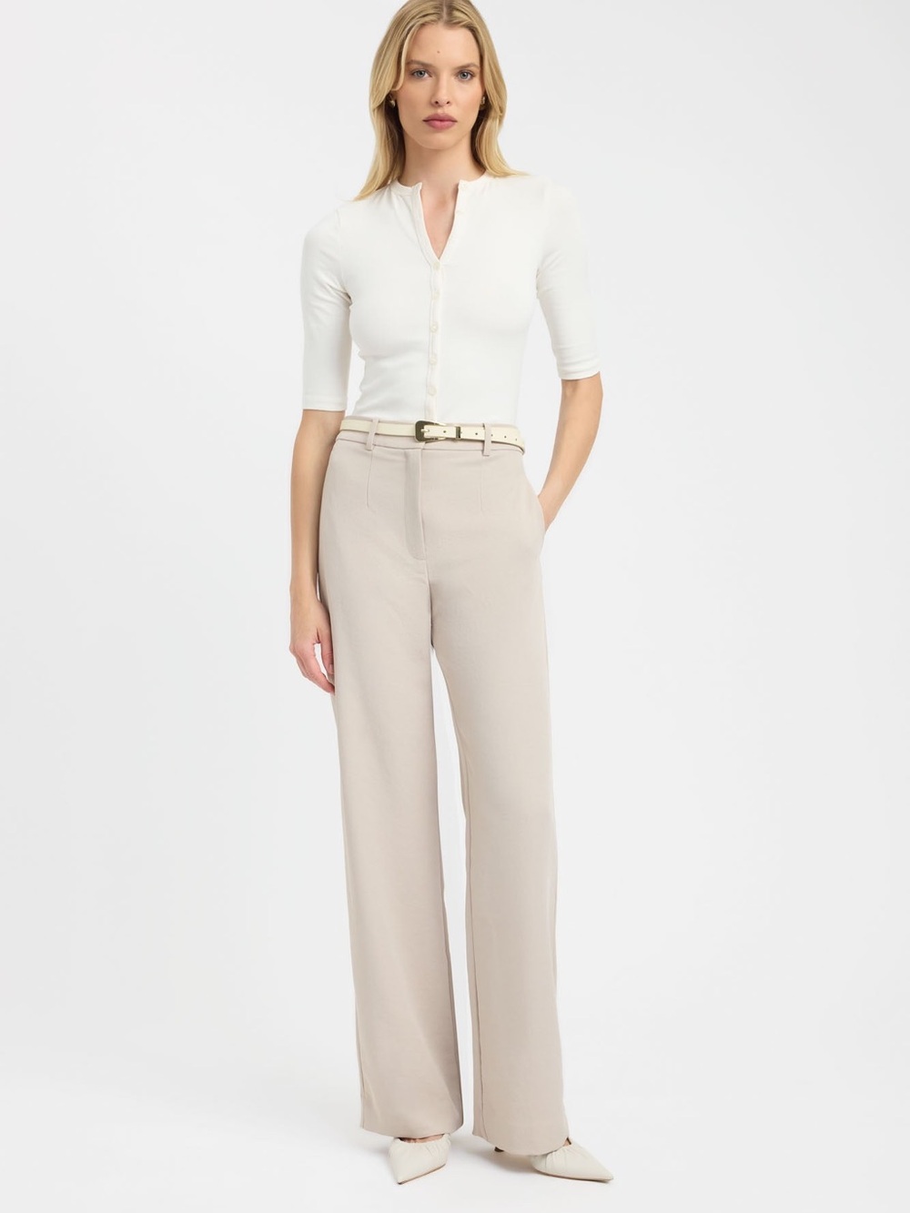 Kookai Cream Wide-Leg Tailored Trousers